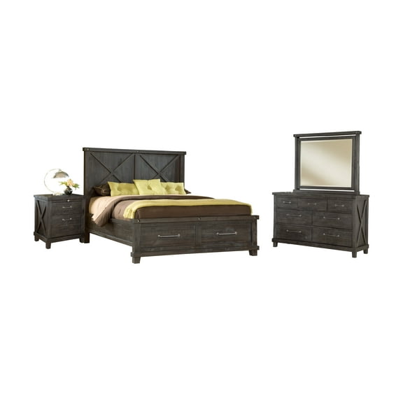 Yanez 4PC E King Storage Bed, Nightstand, Dresser & Mirror Set in Charcoal - Solid Wood