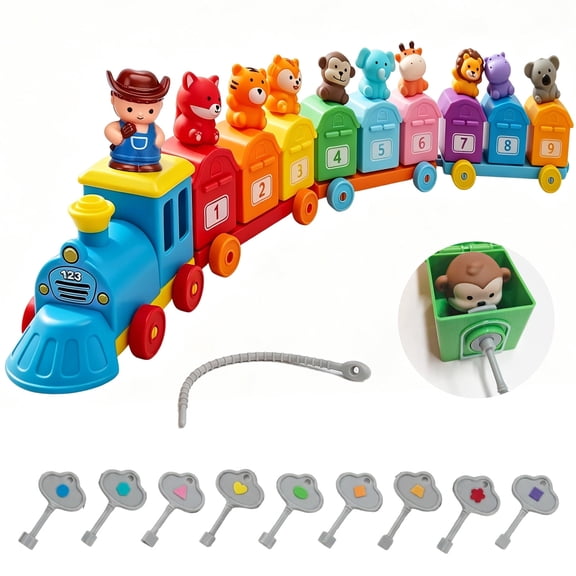 Biiend Montessori Farm Train Learning Toy for Toddlers 2-5, Color Sorting & Counting Game with Numbers, Keys & Locks, Farm Animals & Finger Puppets, Educational Birthday Gift
