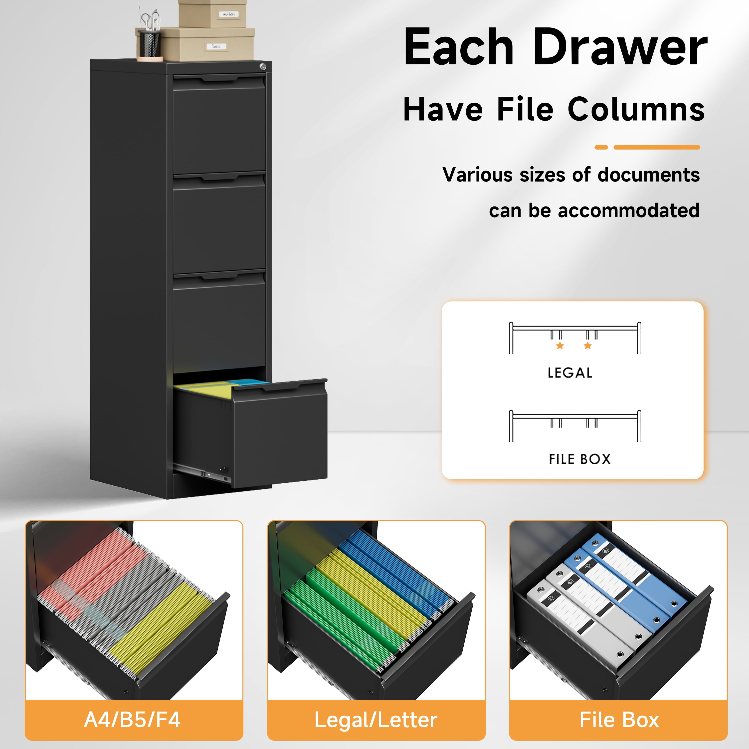 Bestoo 4 Drawer Metal Vertical File Cabinet, 17.8" Deep Filing Cabinet for Home Office, Letter/Legal/A4/F4 Size, Easy Assemble (Black)