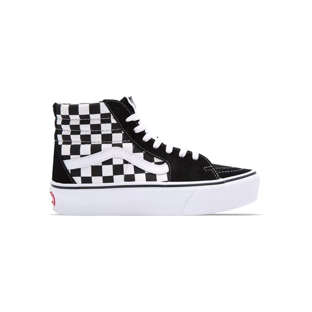 tenis vans sk8-hi platform 2.0 negro 26 Tenis Vans Sk8-Hi Platform 2.0 para mujer, vista lateral derecha de bota alta en lona negra con paneles laterales estampado de ajedrez blanco y negro, franja lateral blanca característica de Vans, cordones blancos, cuello medio acolchado y suela plataforma de goma blanca con ribete negro; modelo VN0A3TKNQXH, pensado para un look casual y a menudo usado para estilizar conjuntos urbanos.