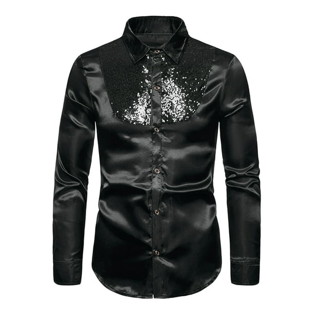 Men's Sequin Shirt Long Sleeves Button Down Prom Party Satin Shirts Black M  