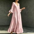 thumbnail image 4 of Women's V Neck Flowy Midi Dress, 3/4 Bell Sleeve Ruffle Hem Loose Casual Dress with Side Pockets, Boho Vacation Dress for Beach Daily Outfits Pink XL(XL), 4 of 9