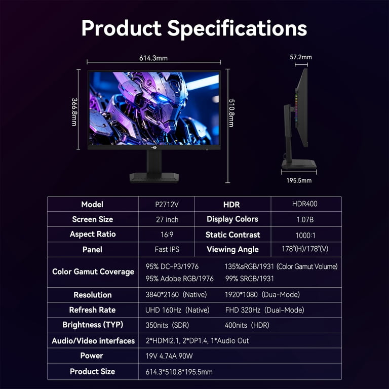 TITAN ARMY Gaming Monitor 27 Inch, 4K@160Hz, FHD@320Hz, Fast IPS