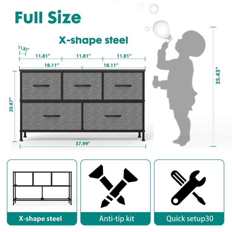MCQ 5-Drawer Dresser,Storage Tower Organizer,Chest of Drawers with Fabric Bin, Steel Frame, Wood Top for Bedroom, Closet, Entryway,Grey MCQ 5-Drawer Dresser,Storage Tower Organizer,Chest of Drawers with Fabric Bin, Steel Frame, Wood Top for Bedroom, Closet, Entryway,Grey