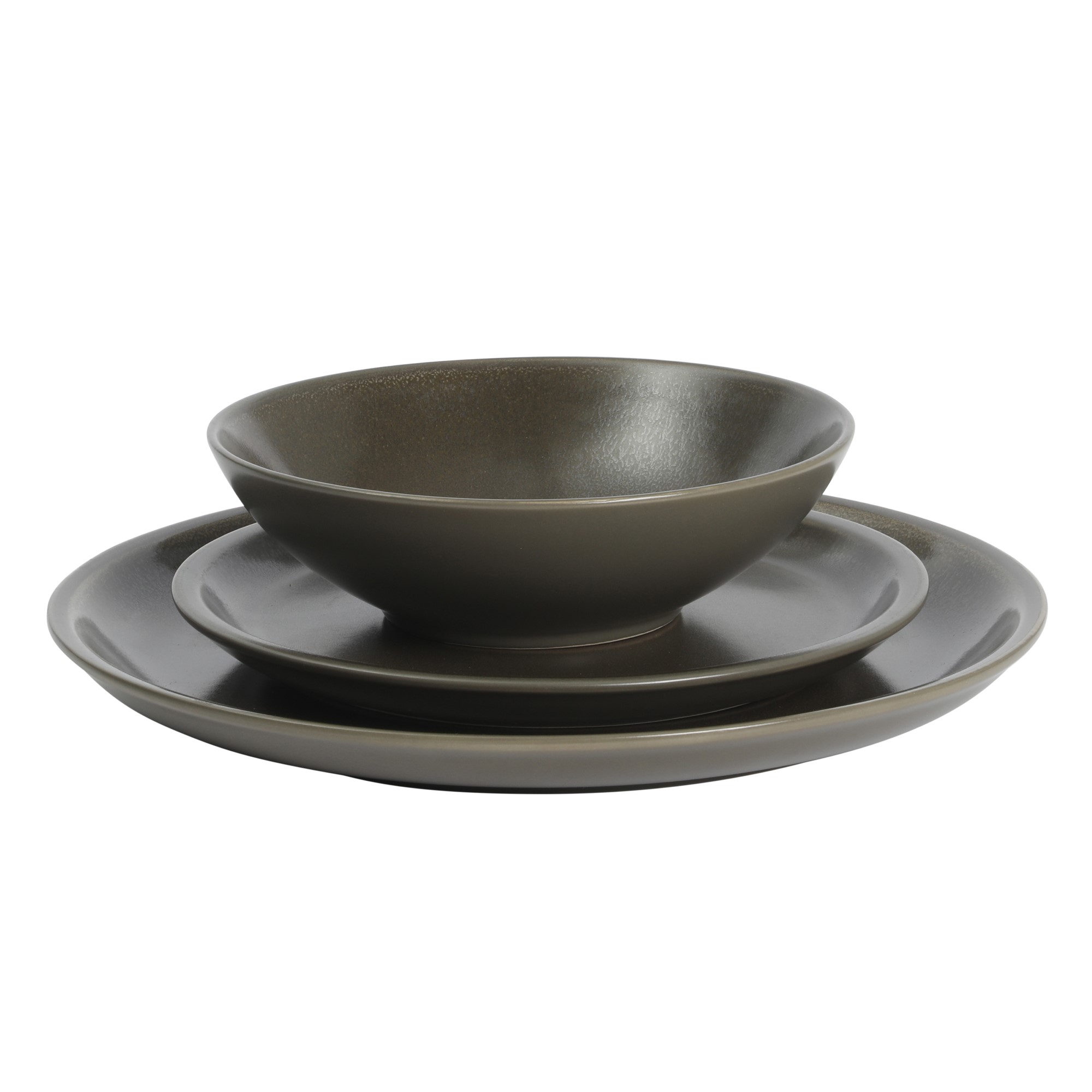 Gibson Elite 12 Piece Lakecrest Plates and Bowls Reactive Glaze Round Dishes Stoneware Ceramic Dinnerware Set - Dark Green