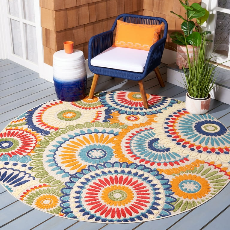 4' Round Ivory And Blue Round Floral Indoor Outdoor Area Rug 4' Round Ivory And Blue Round Floral Indoor Outdoor Area Rug