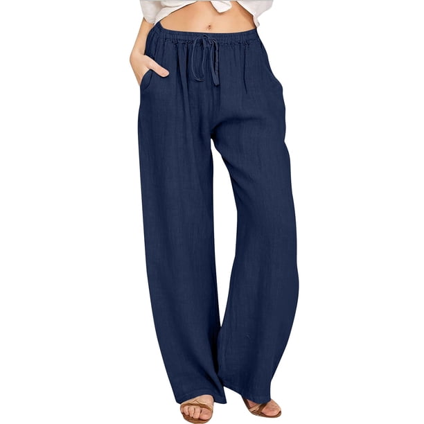 Pantalones anchos de lino con cintura alta y cordón para mujer: pantalones elásticos tipo palazzo para yoga, ideales para llevar con ropa informal