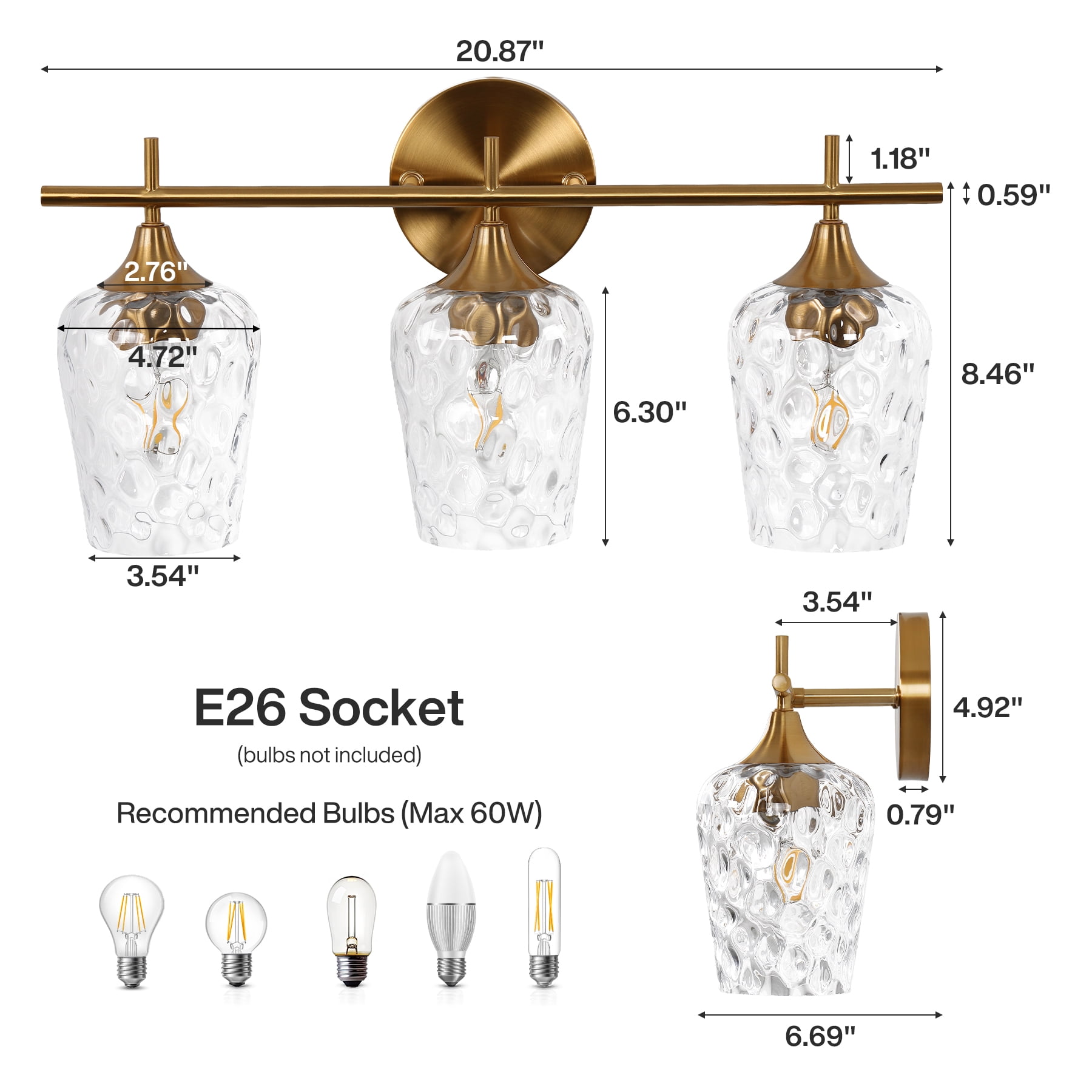Fnova Modern Gold Bathroom Vanity Light, 21" 3-Light Wall Sconce with Clear Glass Shades, E26 Base Bath Light Fixture over Mirror