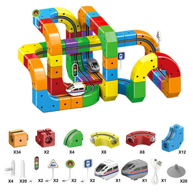 Electric Train Set with Flexible Race Track and DIY Building Function for Kids, Featuring Smart Rechargeable Train and Multi-Level Railway Configurations