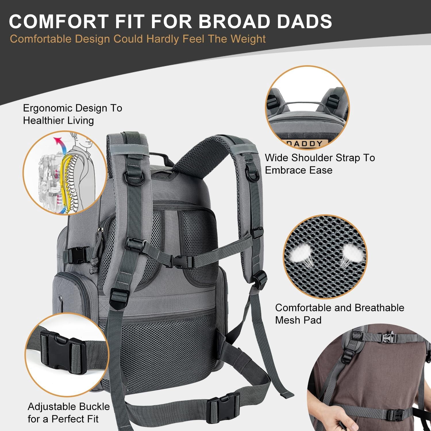 MIRACOL Diaper Bag Backpack for Dad: 40L XL Capacity Fits 1-3 Days Trip - Military Style with Daddy Patch for Active Dads - Ideal Gift for New Fathers & Husbands Grey