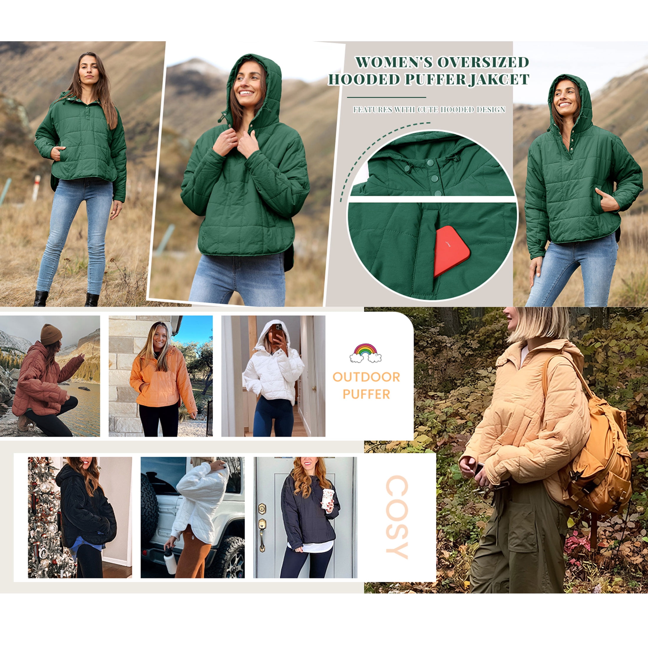 Lentta Women's Oversized Puffer Jacket Quilted Dolman Hoodies Pullover Long Sleeve Lightweight Warm Tops Coat