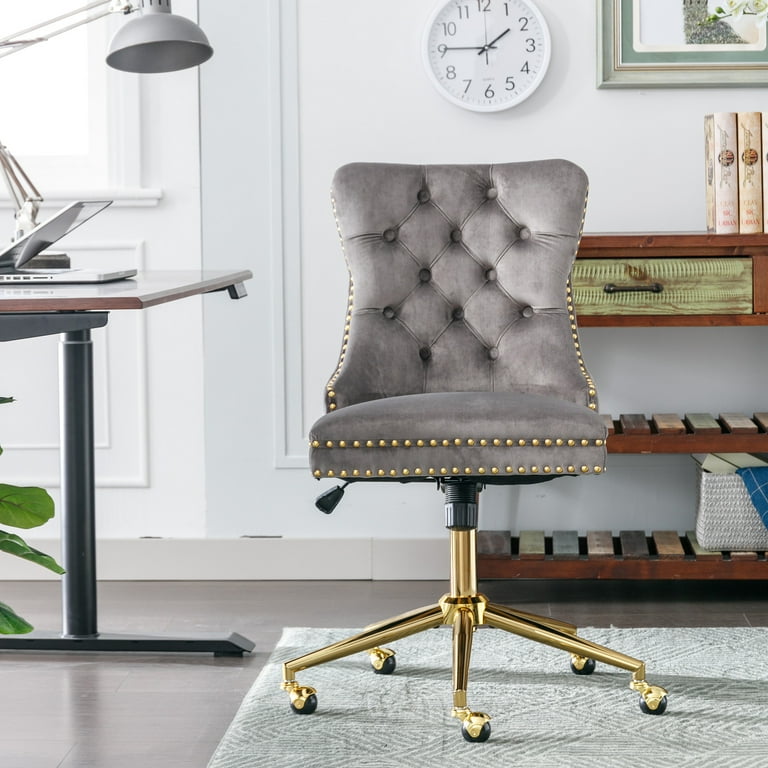 Shunda K Velvet Upholstered Tufted Button Home Office Chair with Golden Metal Base Adjustable Desk Chair Swivel Office Chair