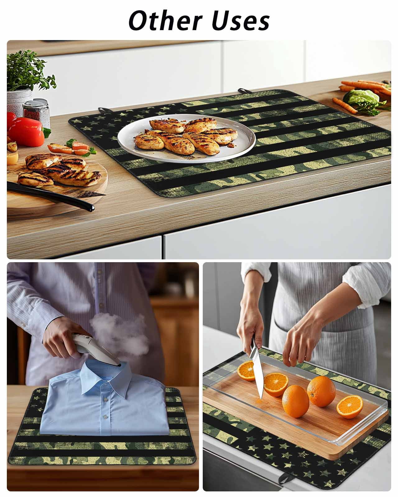 Stove Top Covers for Electric Stove, Green Camouflage American Flag Glass Stovetop Cover Protector, Wooden Grain Induction Cooktop Protector Oven Mat for Kitchen Countertop 24"x21"