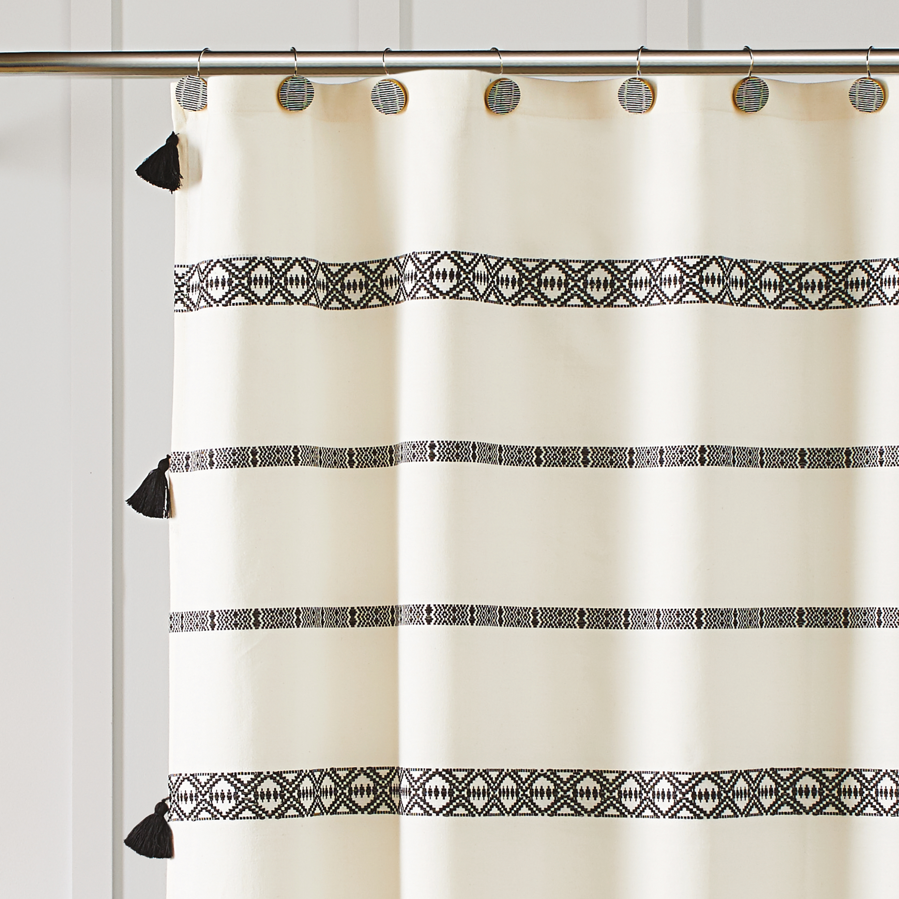 GALMAXS7 Boho Shower Curtain/ Black White Modern Fabric Shower Curtains for Bathroom Chic Tribal Geometric Striped Decor Polyester Bath Curtain Set with Hooks Heavy Duty Waterproof 72x72,Tassel