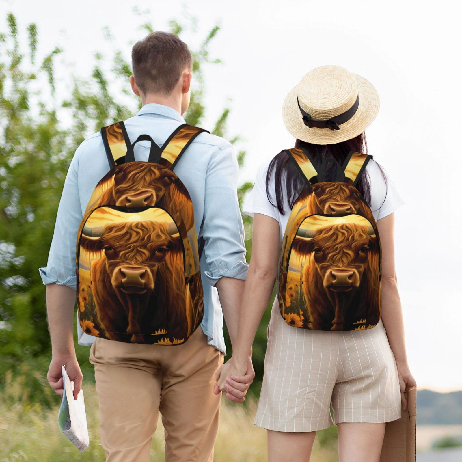 Vsdgher Sunset Sunflower Cow A Print Canvas Backpack Travel Rucksack Unisex Knapsack 15.7/17.7Inch Laptop Backpack for Work,College -Medium