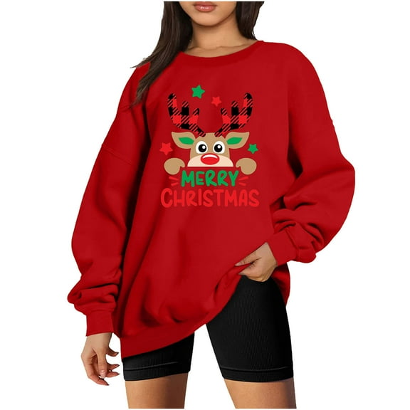 Crewneck Merry Christmas Sweatshirts for Women 2025 Elk Reindeer Graphic Sweatshirt Drop Shoulder Soft Pullover Tops