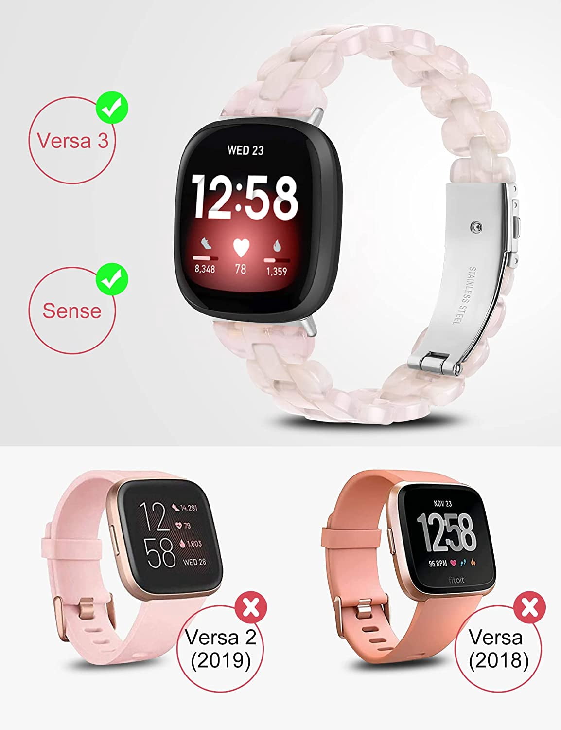 TOYOUTHS Slim Resin Bands Compatible with Fitbit Sense Bands Women, Lightweight Thin Sense Watch Bands for Fitbit Versa 3 Wristbands