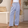 thumbnail image 3 of HKYNLAG Womens Wide Leg Pants Striped Gingham High Waisted Cotton Linen Lounge Pants Casual Comfy Trousers with Pockets Blue L, 3 of 8