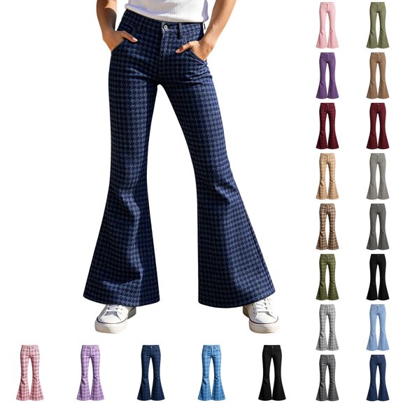 Flare Pants for Girls High Waist Y2k Pants Wide Leg Casual Pants Back to School Clothes Plaid School Pants Size 5-16 Years