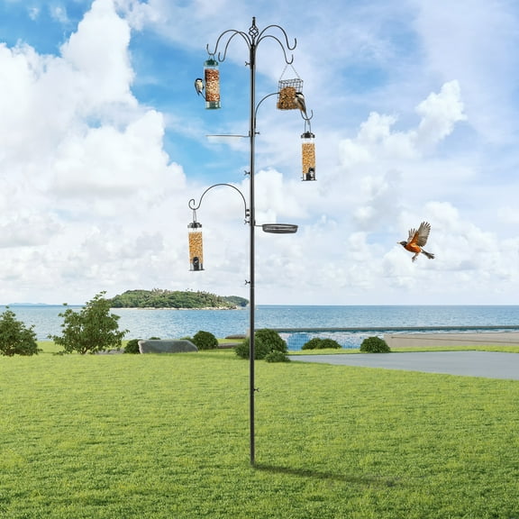 BAYUELSWU Bird Feeding Station Kit, 93 Inch Bird Feeder Pole Stand with 6 Hooks, Adjustable Bird House Pole for Outdoors Hanging