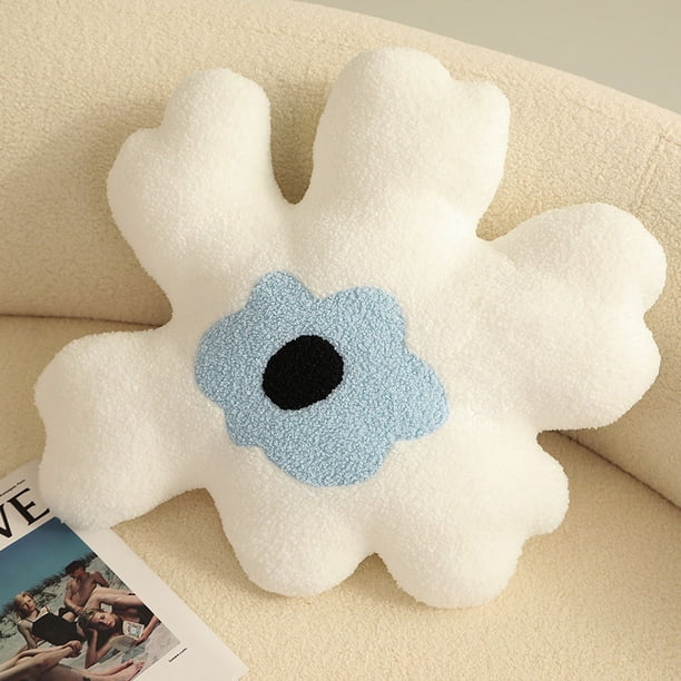 Cojín de peluche con forma de flor, relleno de esponja, suave, grueso y decorativo para sofá, blanco y azul.