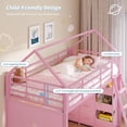 thumbnail image 4 of Floor Bunk Bed Twin over Twin Size with 6 Storage Drawers and LED Lights, L-Shaped Low Bunk Bed Frame with Open Storage Box, Safety Guardrail & Ladder, House Shaped Metal Bunk Beds for 2 Teens, Pink, 4 of 9