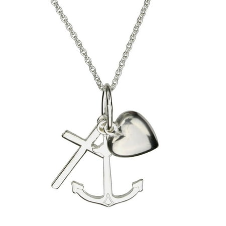 Sterling Silver Faith Hope Charity Heart Charm Pendant Cable Chain Necklace Italy, 16