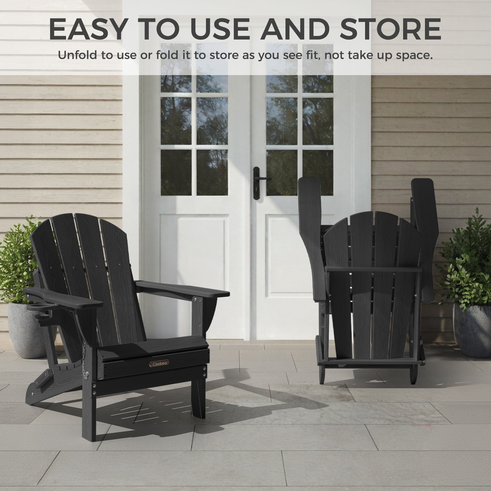 Ciokea Wood Adirondack Chair Folding Outdoor Patio Chairs Fire Pit with Cup Holder Pool Porch Garden Black