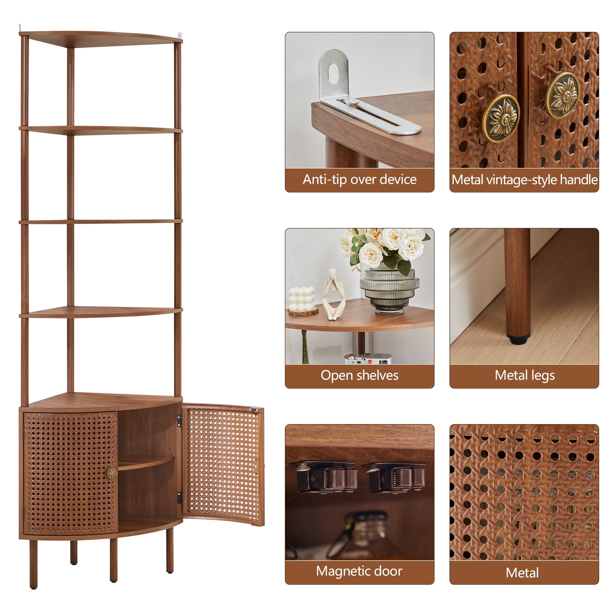 YOCWO 67" Tall Corner Bookshelf with 4-Tier Display Shelves and 2 Door Storage Cabinet, Metal Rattan Door Design, Walnut