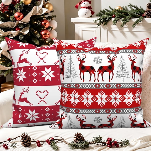 Red White Christmas Reindeer Pillow Covers 18x18 Set of 2 Double-Sided Vintage Nordic Winter Pillow Cases Couch Sofa Decor
