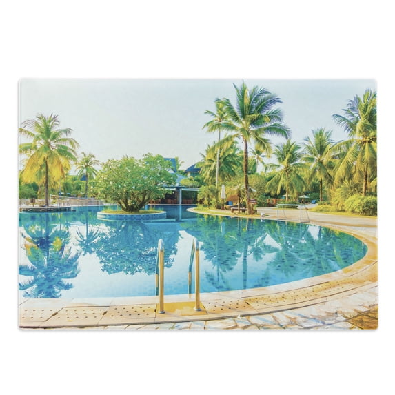 Landscape Cutting Board, Umbrella and Chair Around the Round Pool Tourist Space Famous Spots Concept, Decorative Tempered Glass Cutting and Serving Board, Large Size, Green Blue Cream, by Ambesonne