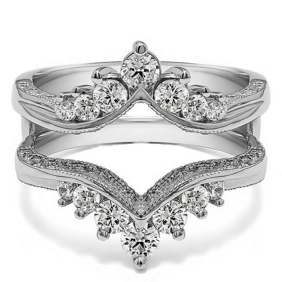 0.74 Ct. Chevron Vintage Ring Guard with Millgrained Edges and Filigree Cut Out Design With Cubic Zirconia Mounted in Sterling Silver (Size 4 to 13)