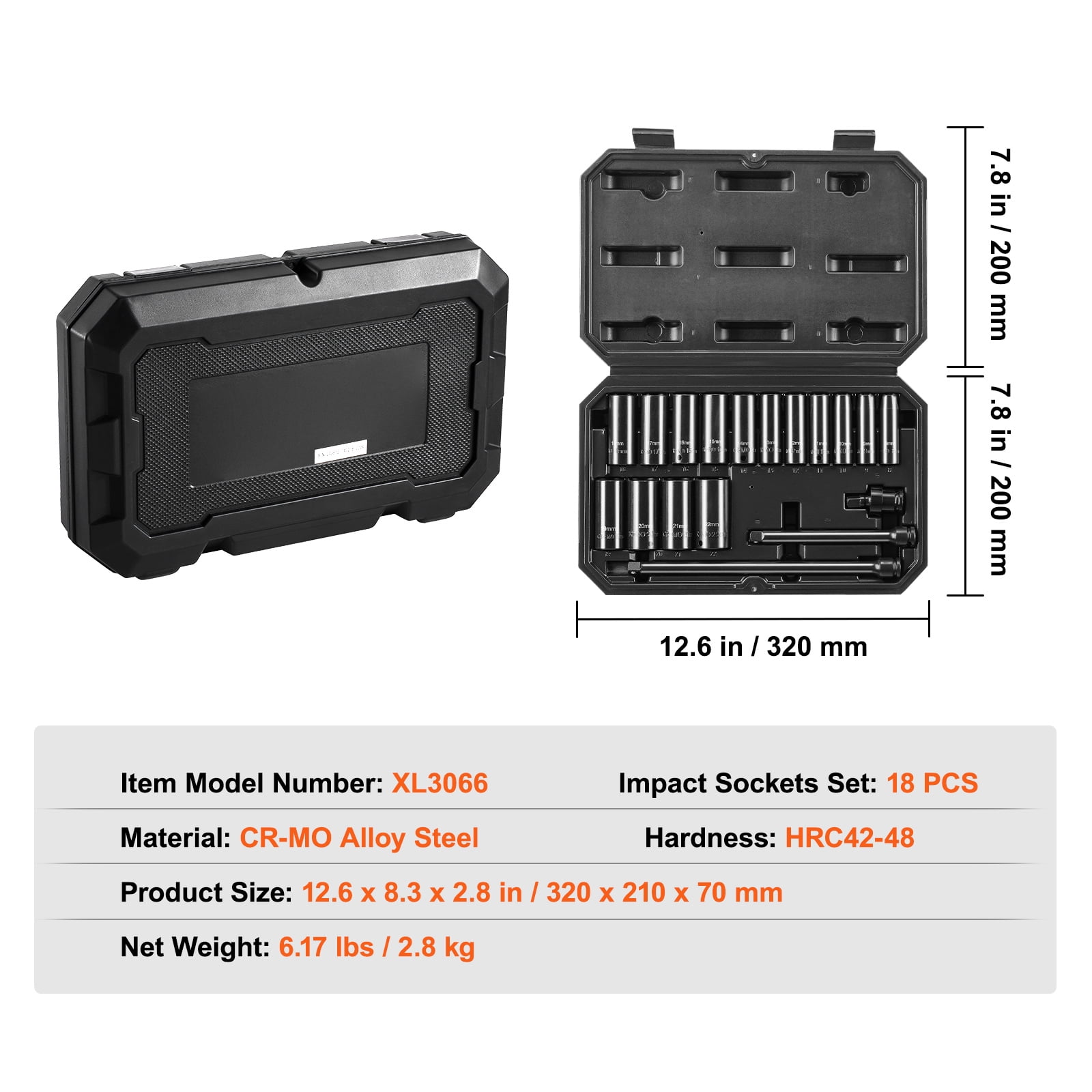 KFFKFF 18-Piece 3/8" Drive Impact Socket Set - Metric Sizes 8-22mm - Durable CR-V Alloy Steel with 6-Point Design for Automotive Repairs - Clear Size Markings - Sturdy Build