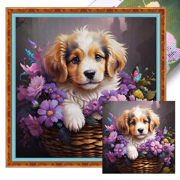 Hilo Algodón Ecológico Bordado Cesta Con 11CT Punto Cruz Cachorro 40x40cm