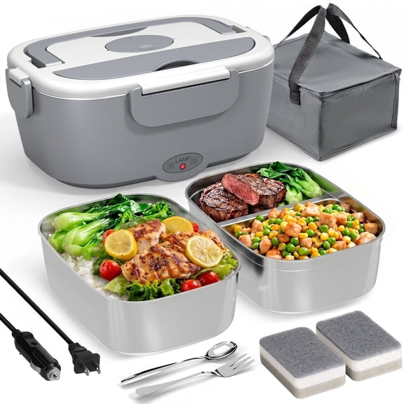 Sitlais Electric Lunch Box, 80 W Portable Food Warmer with 2 x 1.5 L Stainless Steel Containers, 12V/24V/110-220V, Grey