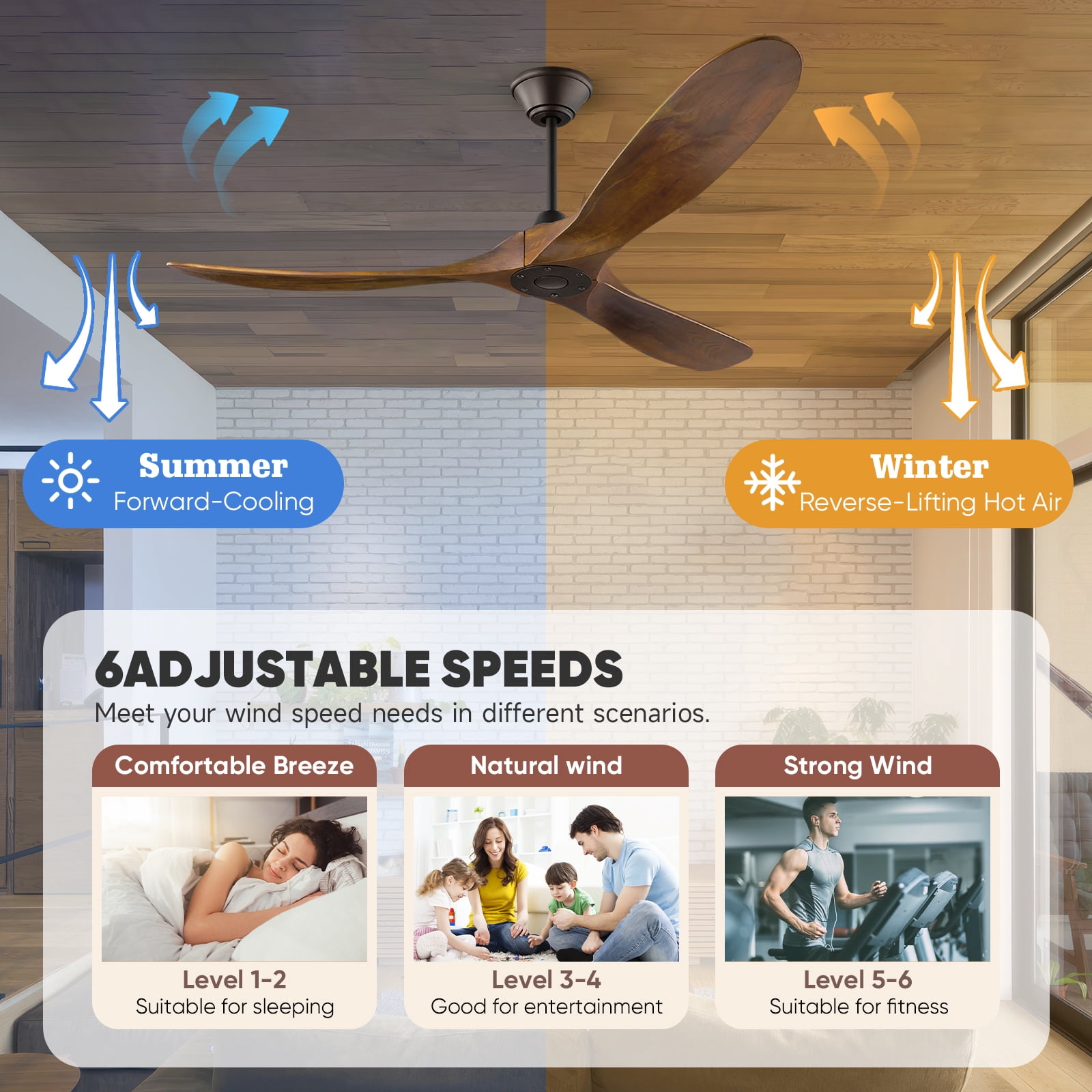 52 inch Wood Ceiling Fan No Light, Remote Control 1/4/8H Timer, 6 Speed Quiet Reversible DC Motor
