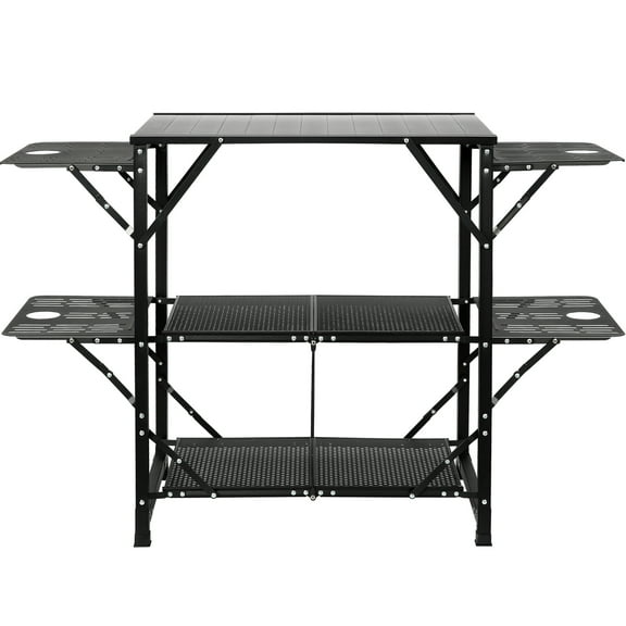 KFFKFF Folding Camping Table, Portable Aluminum Cook Station 5 Tables & 2 Shelves Outdoor Camping Table for Outdoor Picnics, Barbecues, Camping, and RV Trips