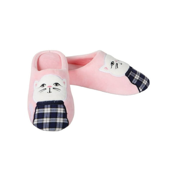 MeMoi Women's Plaid Cat Plush Hard Bottom Slippers - Womens - Female (Small, Pink)