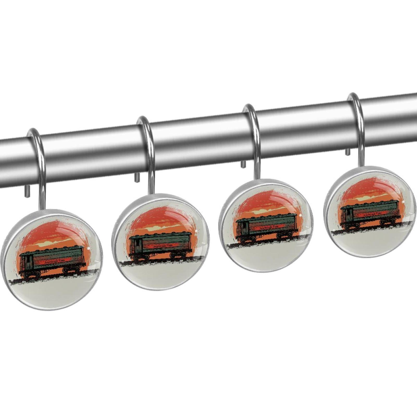 Rustic Wooden Vintage Train Shower Curtain Hooks Round Crystal Glass, Set of 12 Shower Curtain Rings - Shower Hooks for Curtain Shower Rings