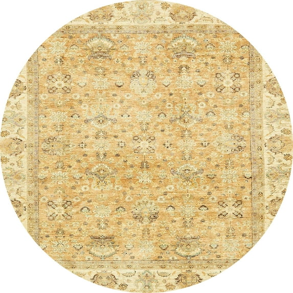 Ahgly Company Machine Washable Indoor Round Abstract Yellow Area Rugs, 7' Round