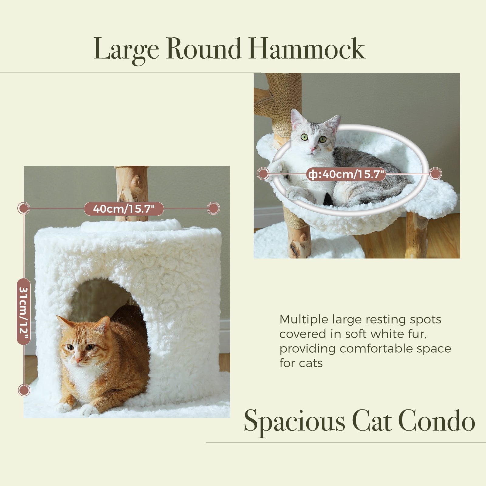 Pefilos 59" Modern Cat Tree Tower with 2 Flower Perches, Condo, Wicker Basket Bed, Boho Cat Furniture with Real Branch Scratching Post, White