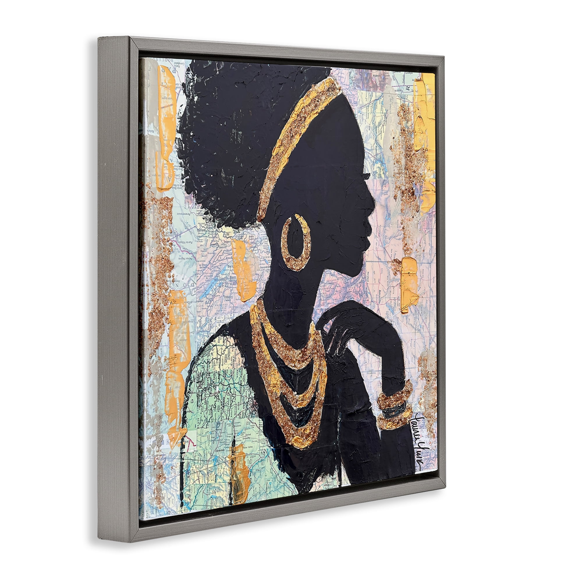 Stupell Industries Jewelry Clad Girl Silhouette Gray Framed Floater Canvas Wall Art, design by Lauren Luna