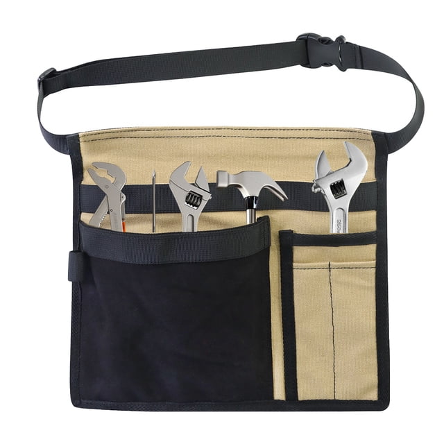 5-Pocket Single Side Tool Belt Pouch/Work Apron for Carpenters, Gardener and Builders, Durable Canvas Construction, Adjustable Belt