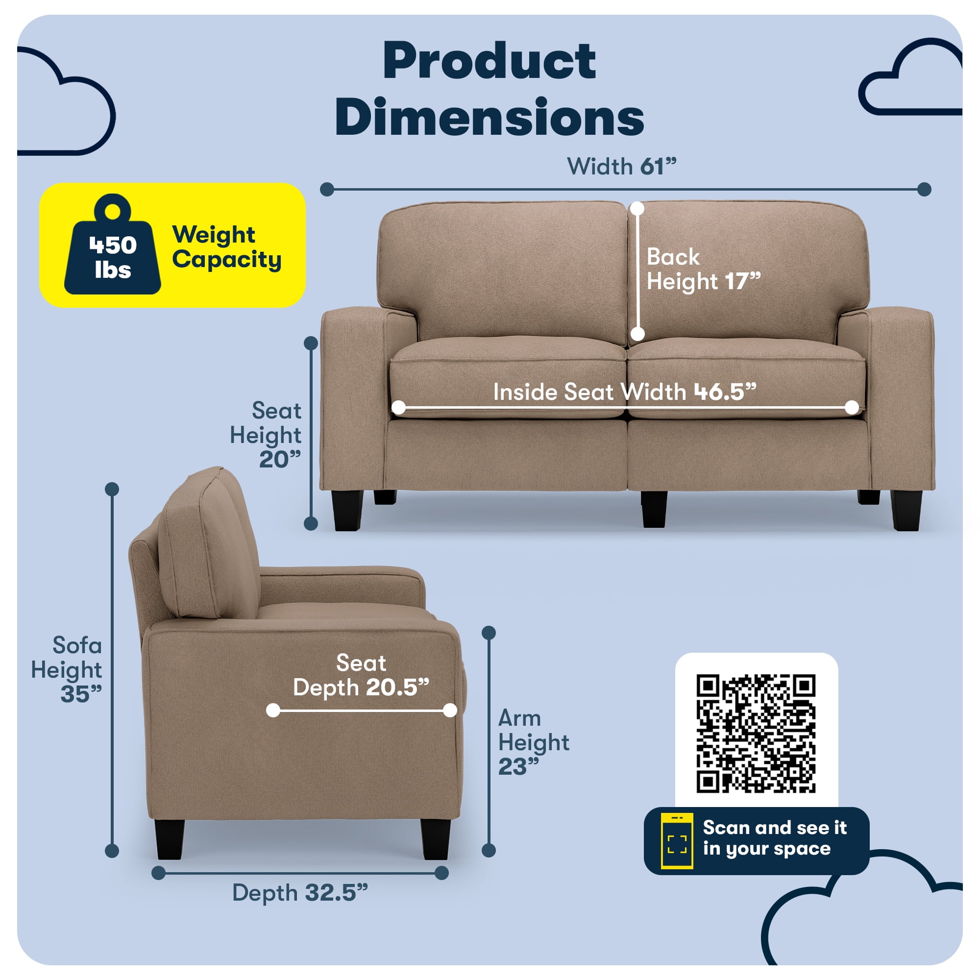 Serta Palisades 61" Track Arm Sofa, Easy Care Polyester, Loveseat or Couch for Small Spaces, Tan