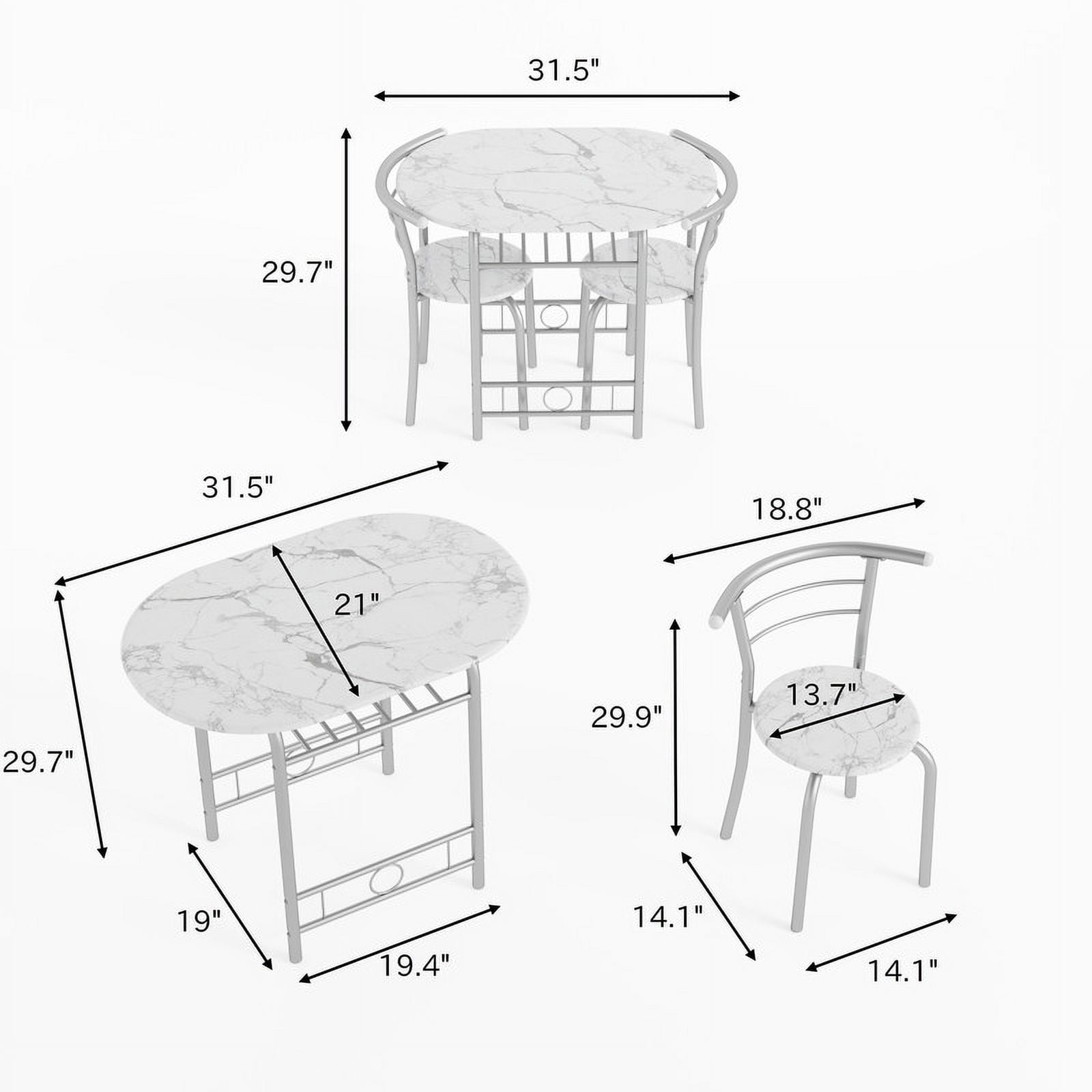 Lacoo 3-Piece Small Dining set, Table and Chair Set for 2 ,for Living Room, Dining Room, Kitchen, Marble & Sliver