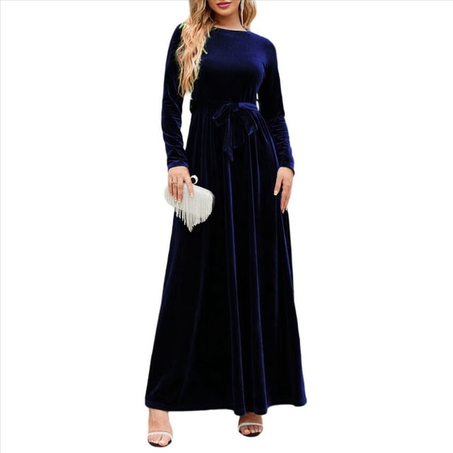 Vestido Elegante de Terciopelo con Cinturón, Plisado, de Larga, para Fiesta Formal de Boda, para Mujer Azul Oscuro L
