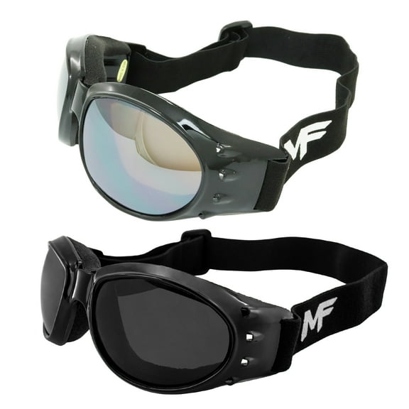 2 Pairs MotoFrames MF Vulcan Padded Motorcycle Goggles Black Frames, Driving Mirror/Polarized Smoke Lenses