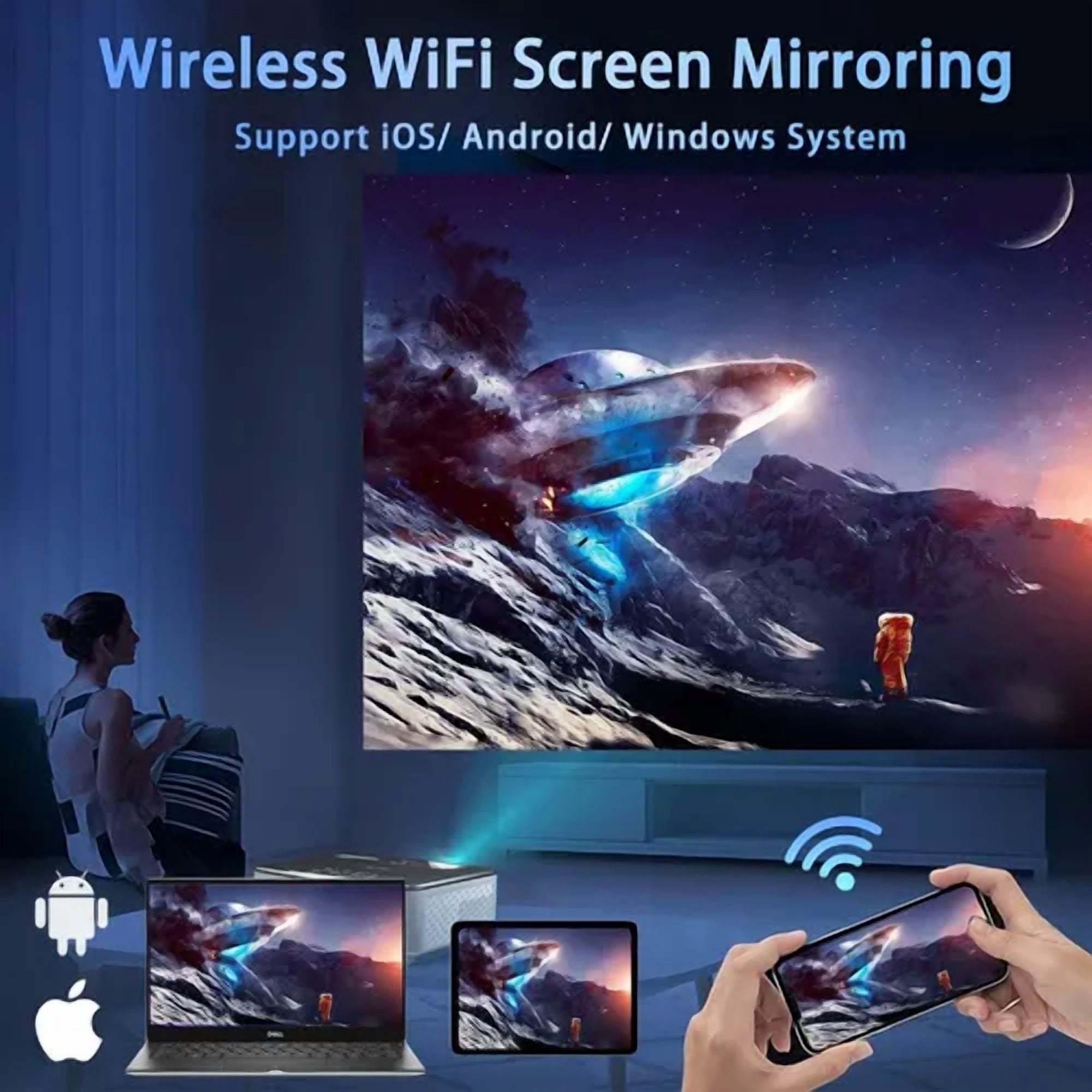 WiFi Bluetooth Projector, Native 1080P HD Movie Projector with Carrying Case, 9500LM 4K Supported 200" Display Home Theater, Compatible with iOS/ Android/ Xbox/ PS5/ TV Stick/ HDMI