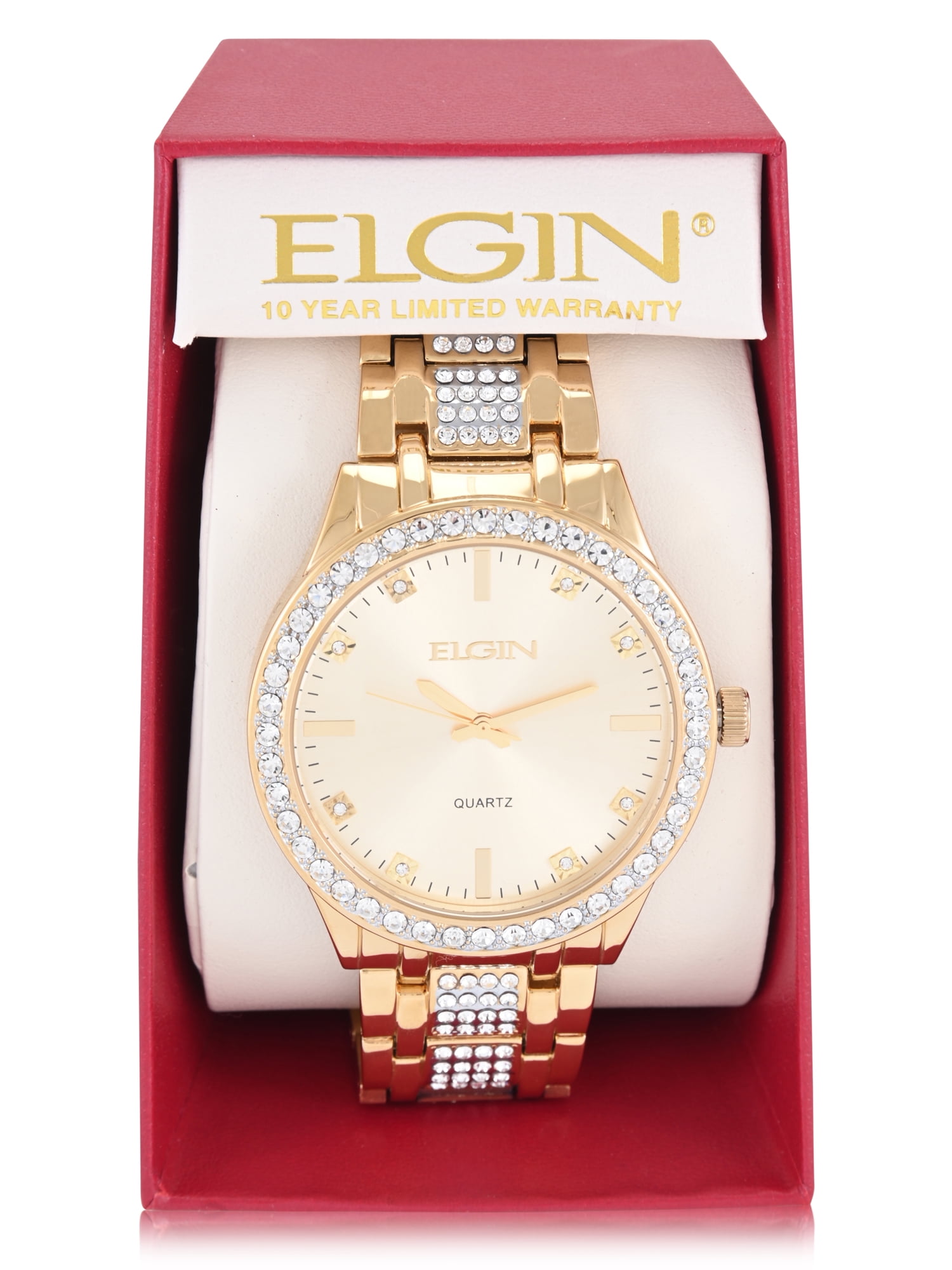 Elgin Adult Men's Gold Round Case Watch with Crystal Bzel and