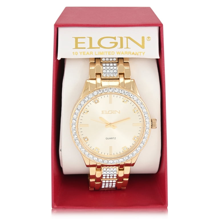 Elgin Adult Men's Gold Round Case Watch with Crystal Bzel and